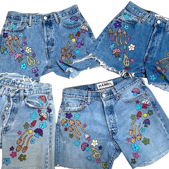 LESLIE HAMEL JEANS HANDPAINTED MUSHROOM VINTAGE LEVIS 501 CUTOFF SHORTS - Picture 4 of 9
